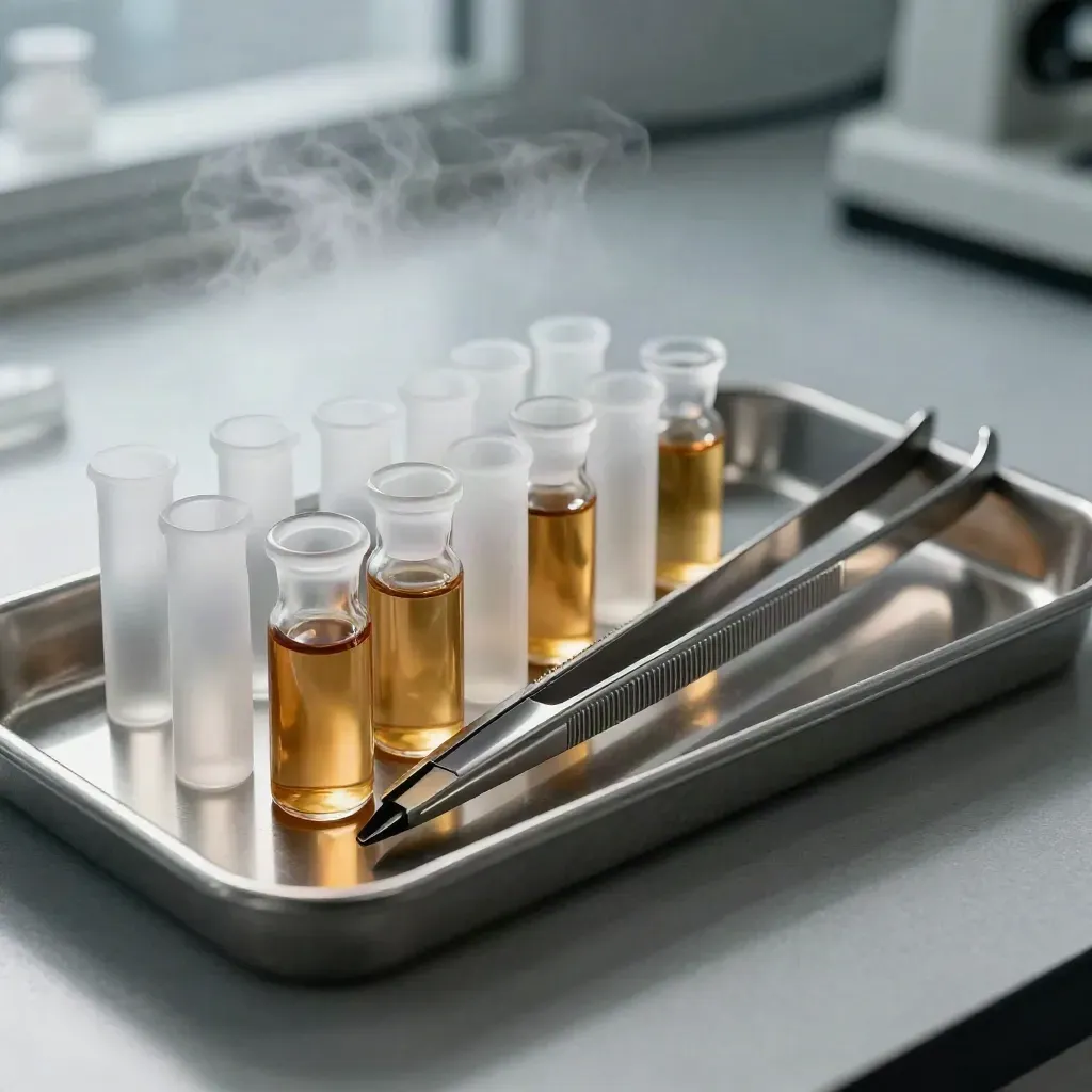 Amber lab vials and forceps on a brushed-metal tray in cool haze