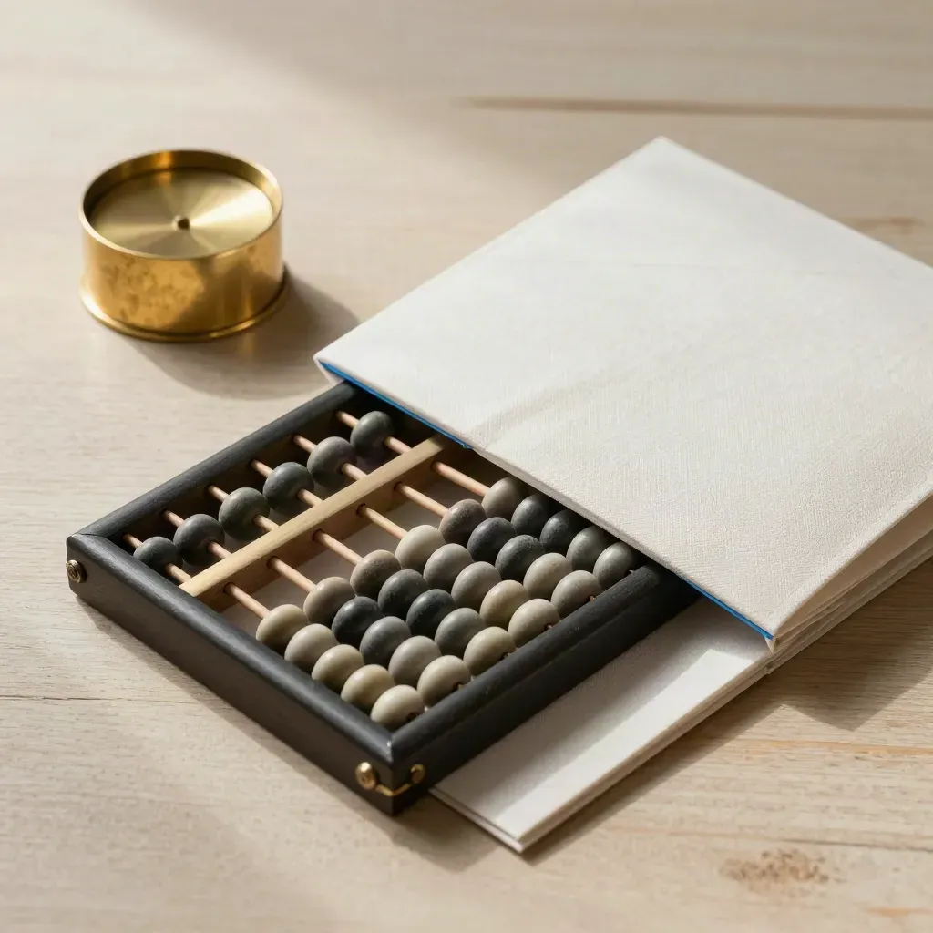 Top-down macro of an abacus, brass paperweight, and linen account folder on pale wood.
