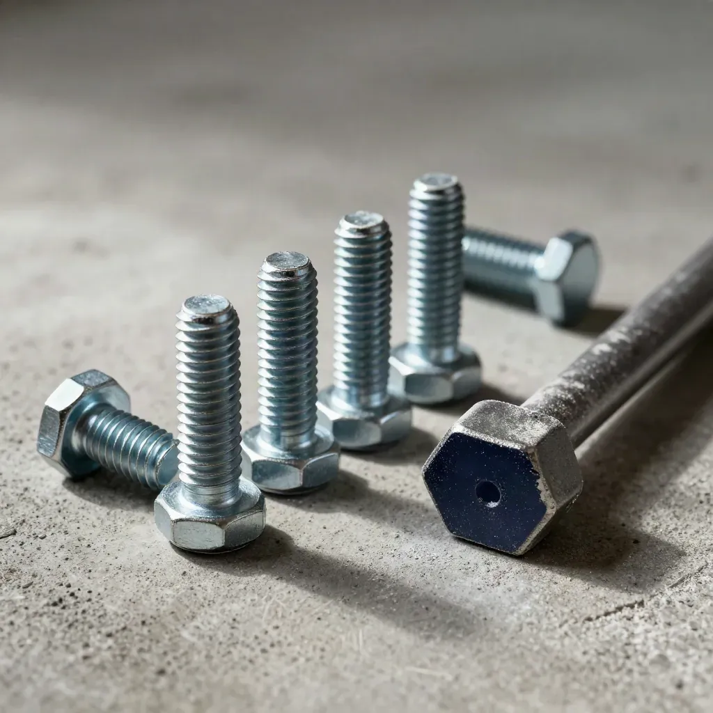 Steel bolts, hex anchors, and a pry bar head arranged on rough concrete in soft daylight.