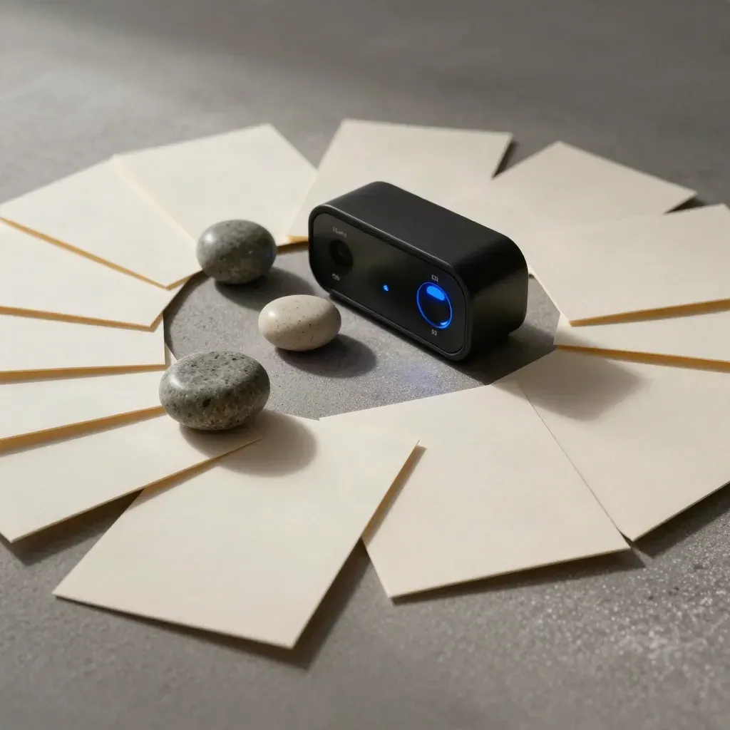 Workshop timer, blank cards, and stone paperweights on plaster with a blue accent.