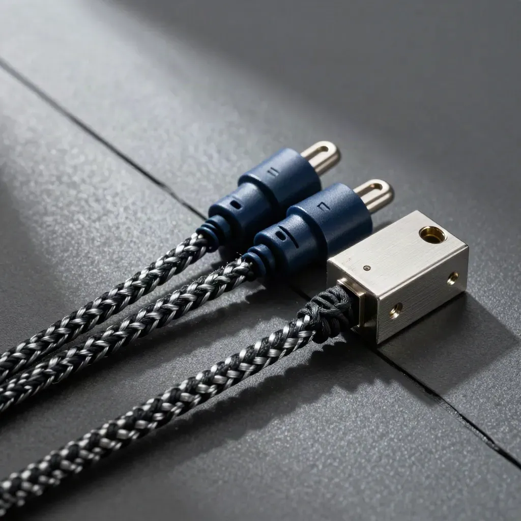 Braided cable ties, plug adapters, and a brushed junction block on graphite metal