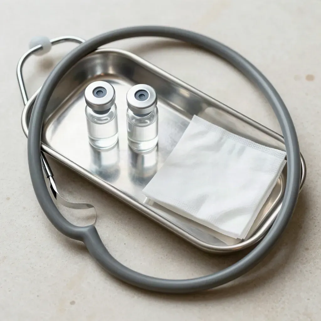 Stethoscope, pill vials, kidney tray, and gauze pack on pale clinical stone in cool silver light.