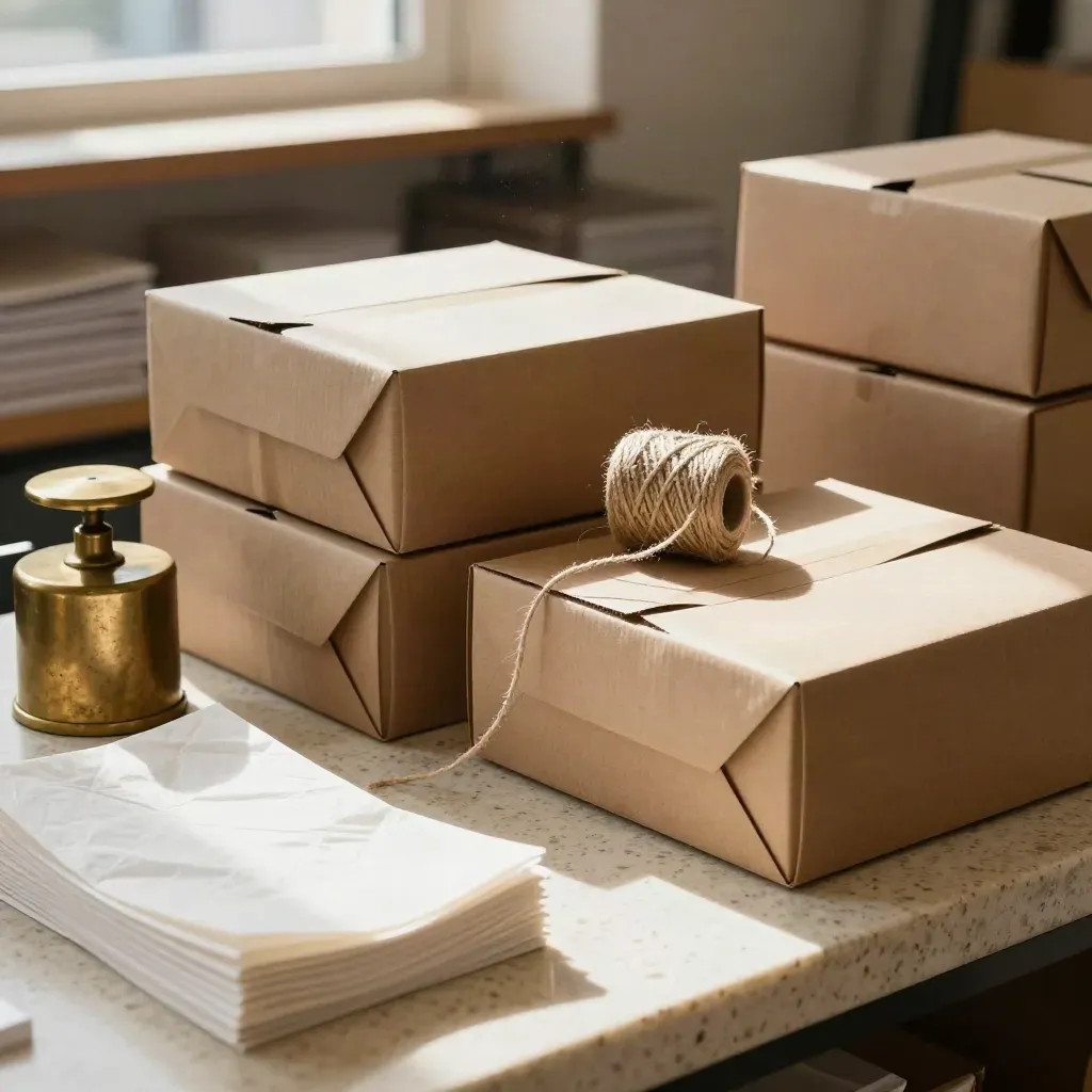 Kraft boxes, twine, brass weight, and tissue wrap on travertine in warm window light.