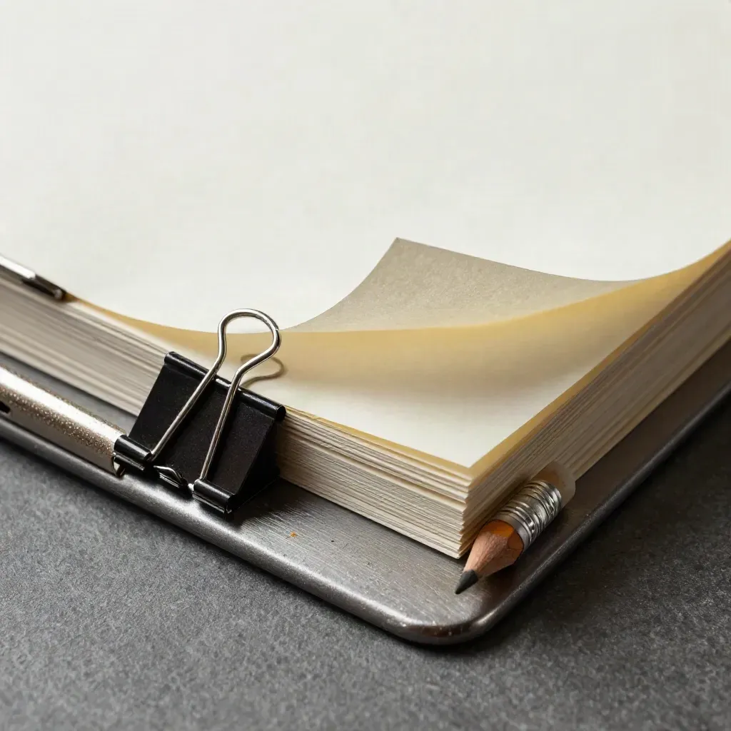Macro of a metal clipboard with blank pages, binder clips, and an eraser on graphite stone.