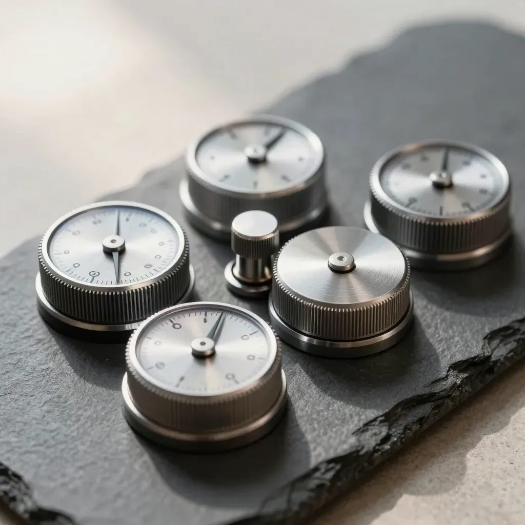 Macro still life of analog dials, tally clicker, and counter block on cool graphite stone.