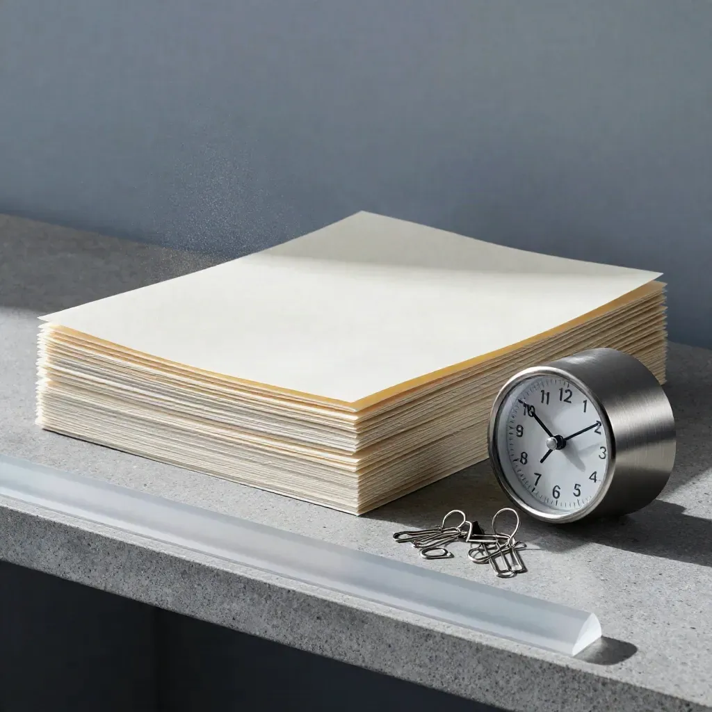 Blank project folders, desk timer, and binder clips on a slate surface.