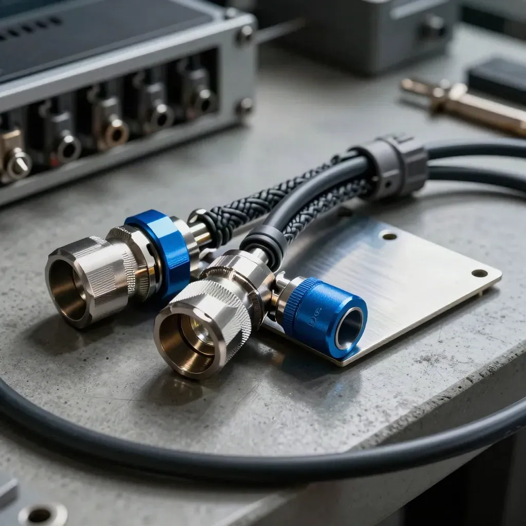 Machined couplers, braided cable and junction plate on a concrete bench under hard side light.