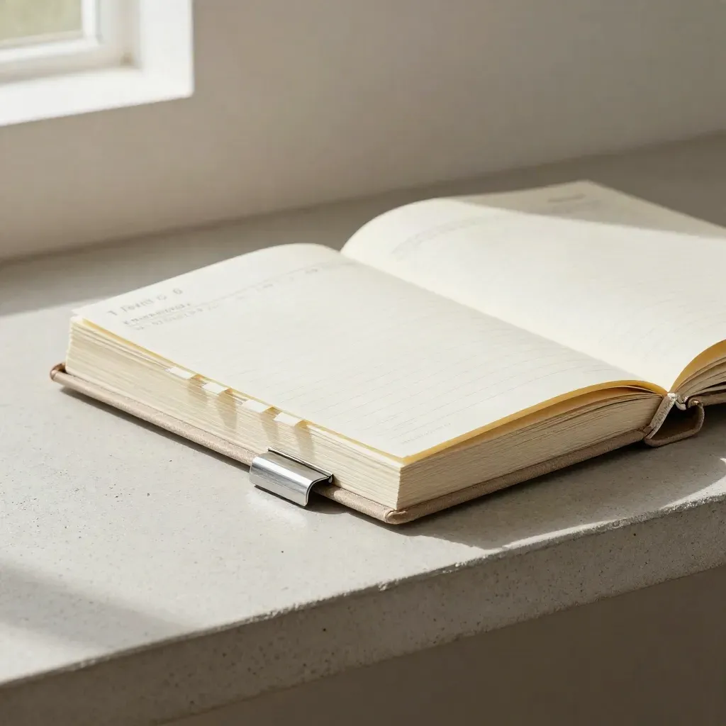 Oatmeal linen planner with blank tabs and steel marker on pale concrete