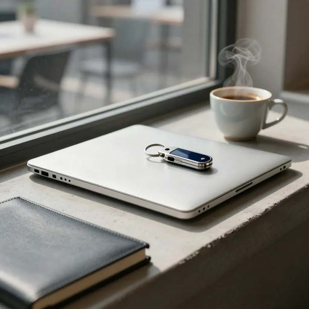 Closed laptop, notebook, key fob, and steaming espresso cup on a concrete ledge with soft morning light.