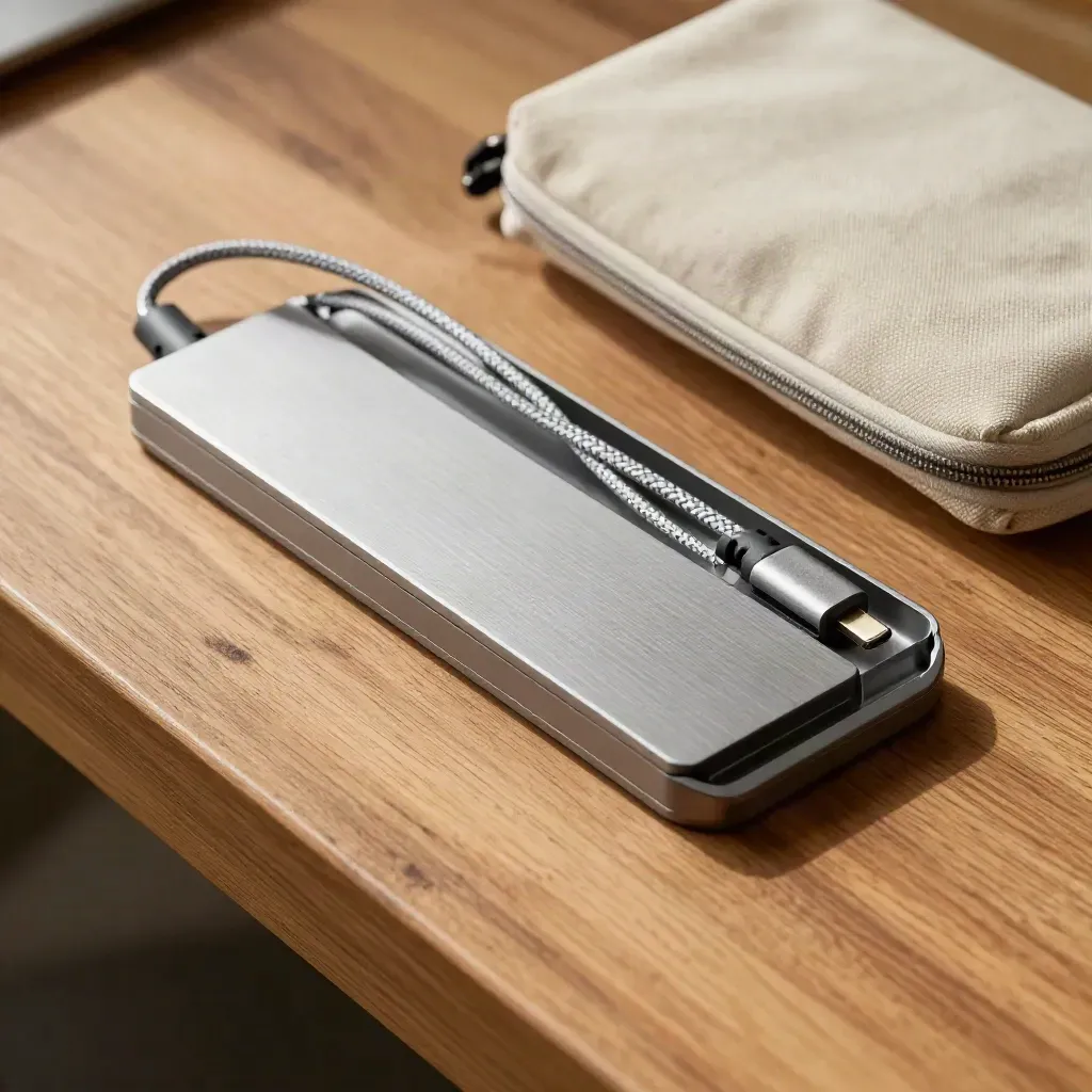 Macro flat lay of a cable dock, charging leads, trays, and a supply pouch on oak.