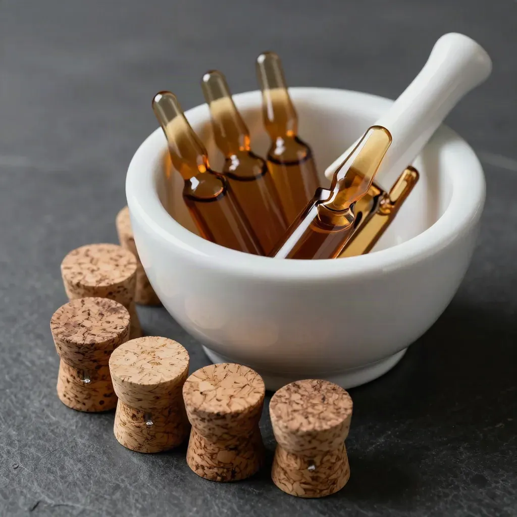 Overhead macro of a white mortar, amber ampoules and cork stoppers on charcoal stone.