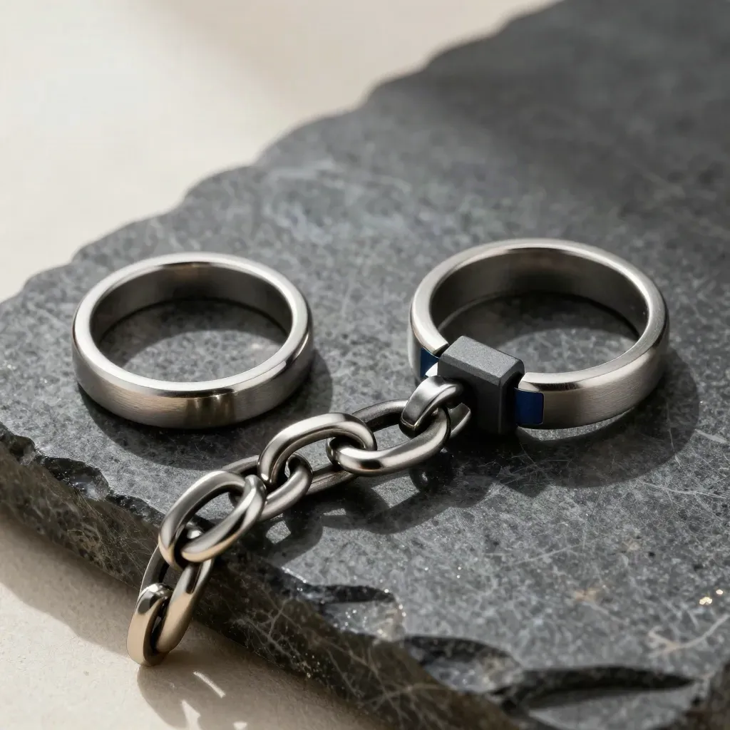 Linked metal rings and spacers on smoked stone in dramatic top-down light.