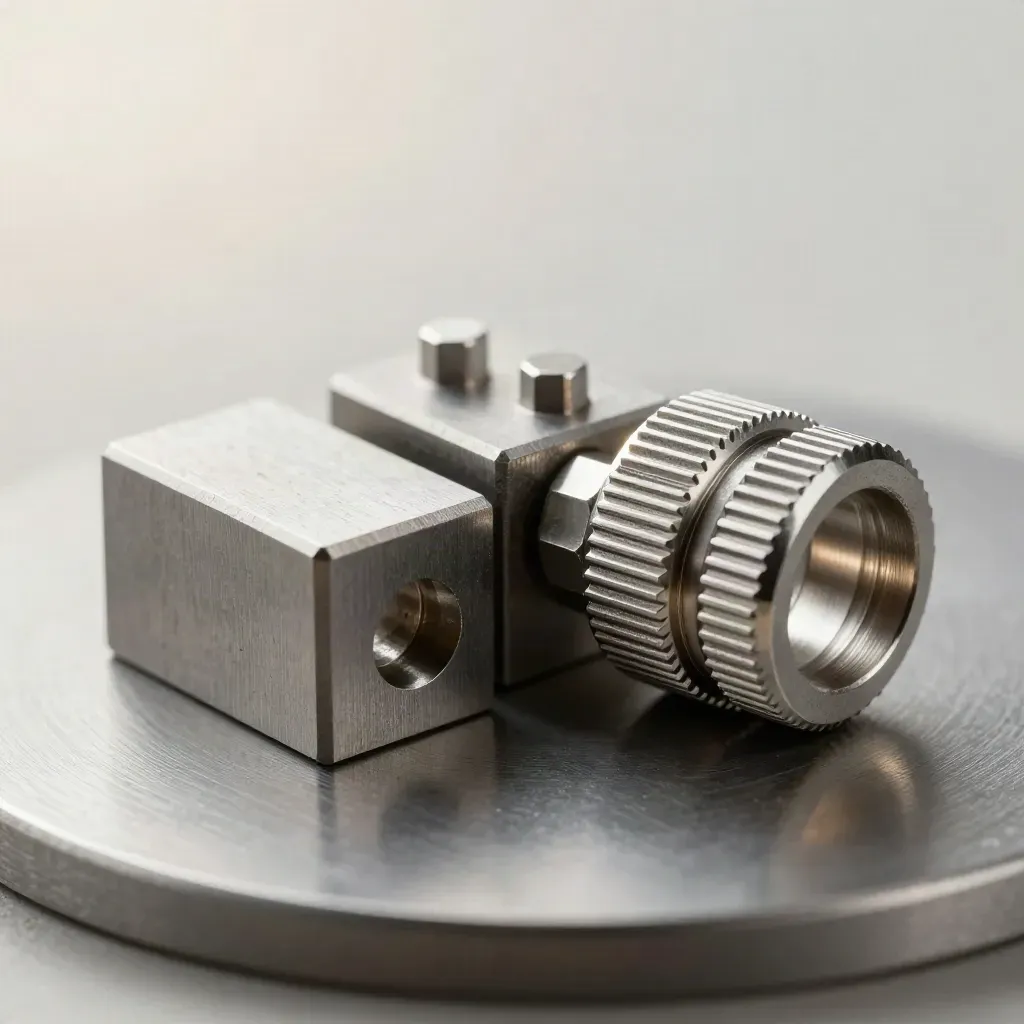 Macro of interlocking machined blocks, standoffs, and a knurled metal coupling on brushed steel.
