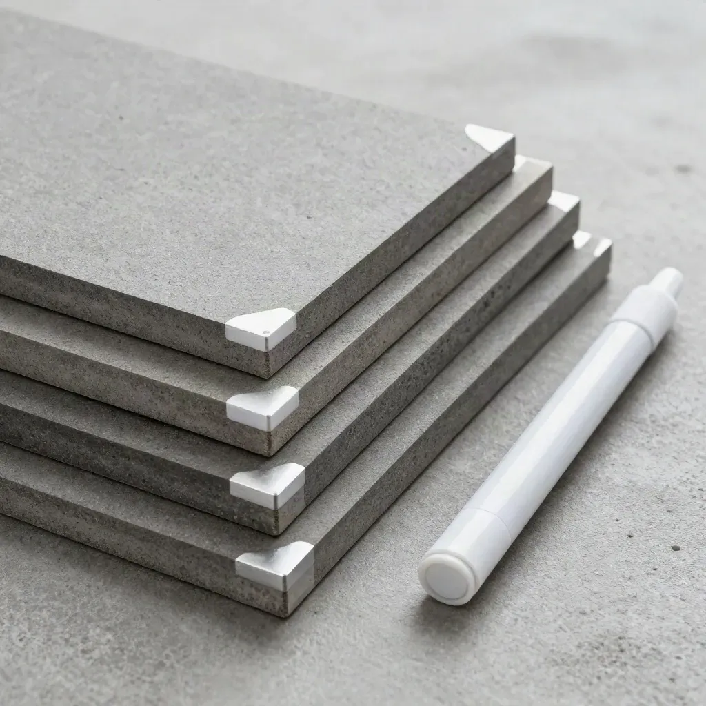 Overhead macro of graphite modular tiles, white corner clips, and a slim marker on concrete.