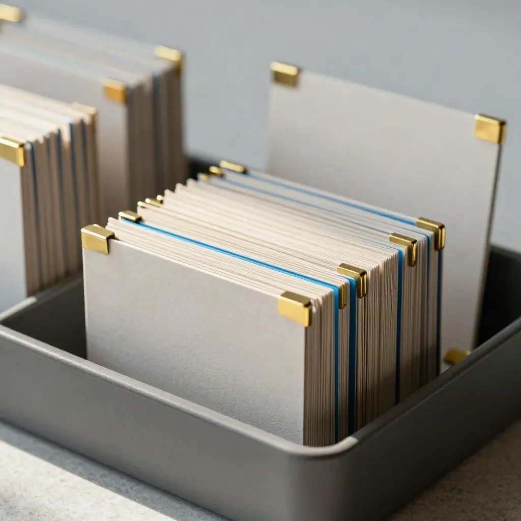 Paper sample cards in a tray with brass clips and a blue accent, softly lit